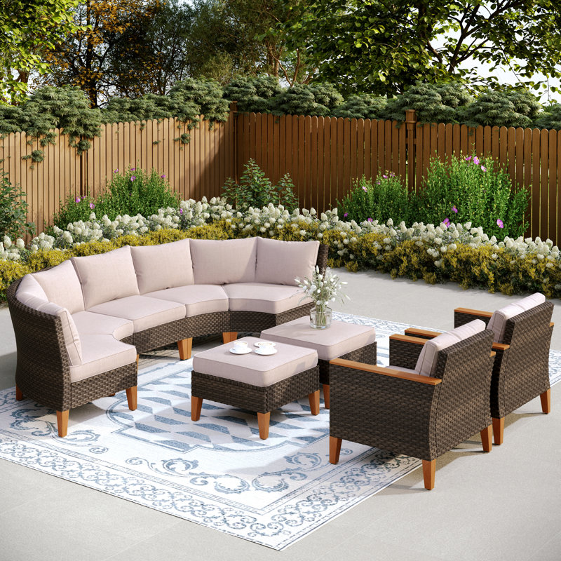 All Weather Wicker/Rattan 9 - Person Seating Group with Cushions, Beige