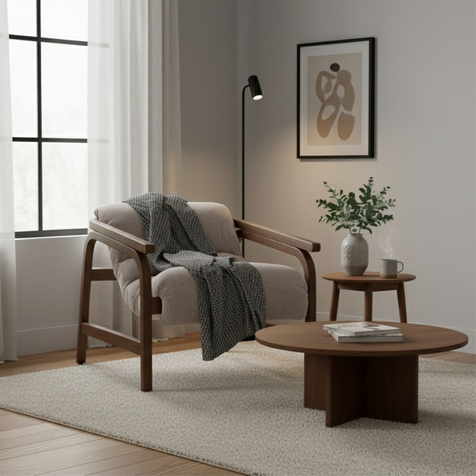 Cellire Chair, Stone Linen, Walnut/Medium Brown Wood