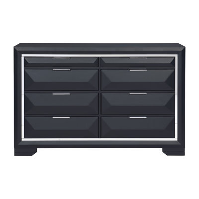Commode moderne à 8 tiroirs, 154 cm L x 43 cm P x 102 cm H, bois et bois d'ingénierie, monobloc, bleu, fini bleu nuit et bordure chromée