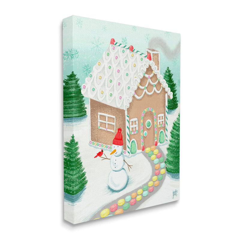 «Playful Gingerbread House Christmas Landscape» Happy Snowman, H 48 po x l 36 po, Plaque de bois