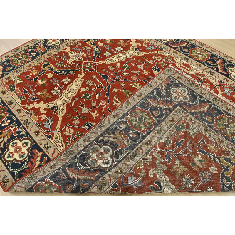 Tapis oriental rouge en laine noué à la main 8 pi 11 po x 11 pi Serapi Serapi