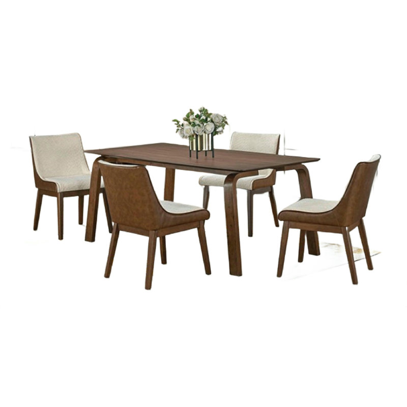 Iken 7Pc Dining Table Set, 6 Cream Fabric Chair, Tapered Legs, Brown Wood, 7 Pieces: Table, 6 Chairs