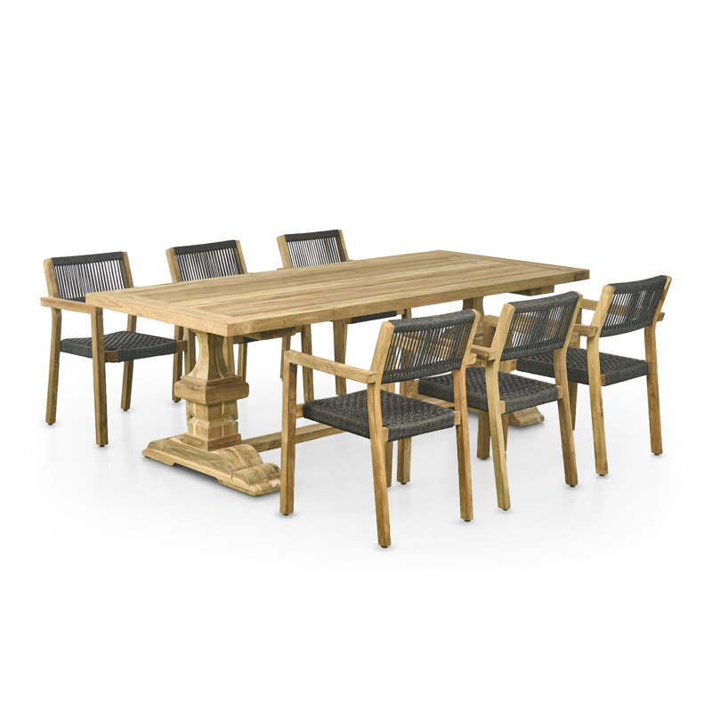 Ensemble de table de salle à manger d'extérieur 86 po avec six fauteuils en corde de teck 86 po Bovey