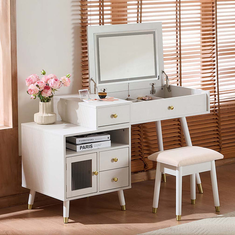 Bureau de coiffeuse avec miroir basculant éclairé et armoire réglable, Blanc