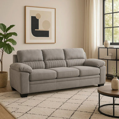 Hugh 80 Inch Sofa, Gray Polyester, Soft Foam Cushioned, Solid Wood Frame