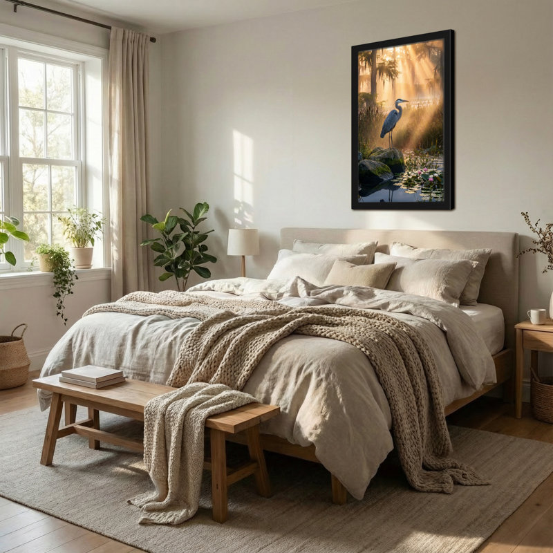 Animaux, soleil, héron, marais, nénuphars, arbres, brume matinale, H 36 po x l 24 po