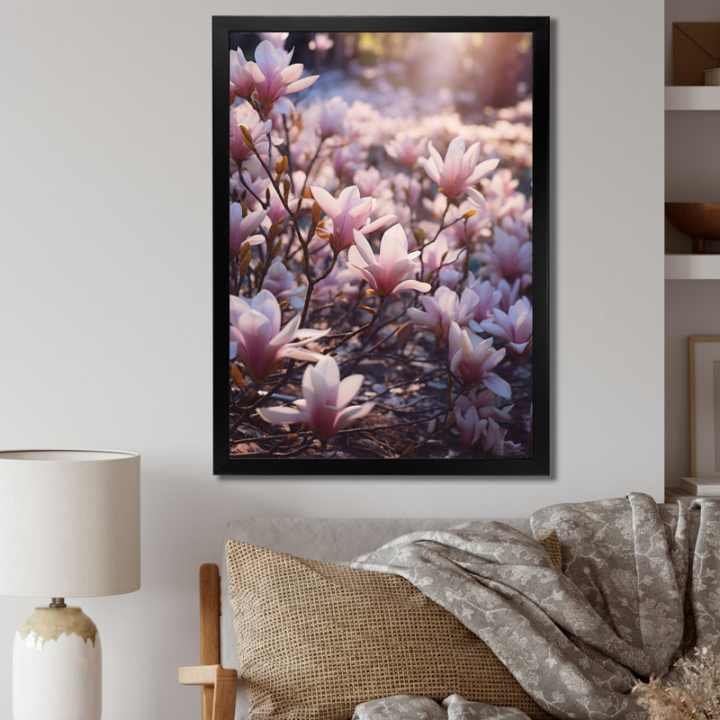 Rose, brun, magnolia, nature, sérénité II, H 32 po x l 16 po x P 1 po, Cadre simple noir