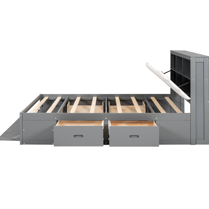 Grand lit plateforme avec tête de lit à tablette, 4 tiroirs et range-chaussures, tiroirs de rangement en bois, support, Gris