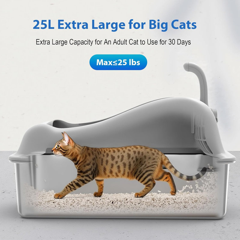 Très grand bac à litière pour gros chats | Bac à litière antiadhésif en acier inoxydable 25l avec côtés hauts, pédale et pelle - gris