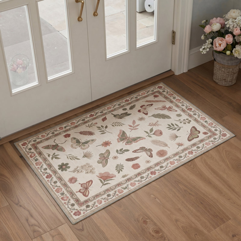 Adonis Seraph Floral Machine Washable Beige / Green / Pink Indoor Area Rug with Non-Slip Backing, Rectangle 5' x 7'