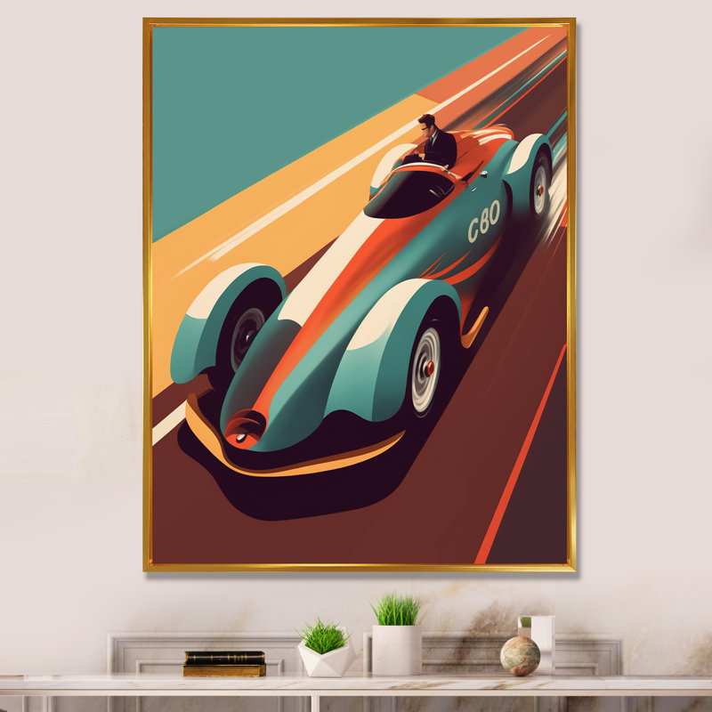 Voiture de course rétro bleue - reproduction sur toile, H 20 po x l 12 po x P 1 po, Toile à cadre flottant doré