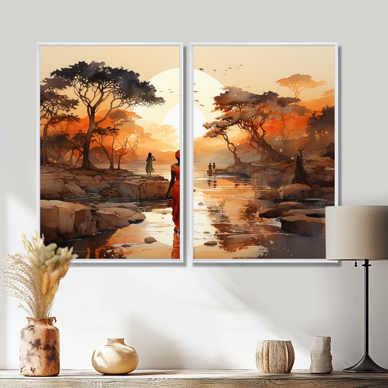 Voyage africain - art mural africain, H 36 po x l 48 po, Reproduction avec cadre flottant, Blanc