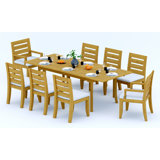 8 Seats 9 Pcs Grade-A Teak Wood Dining Set: 118" Double Extension Rectangle Table And 8 Atnas  Chairs (2 Arm & 6 Armless Chairs) #11AT2402
