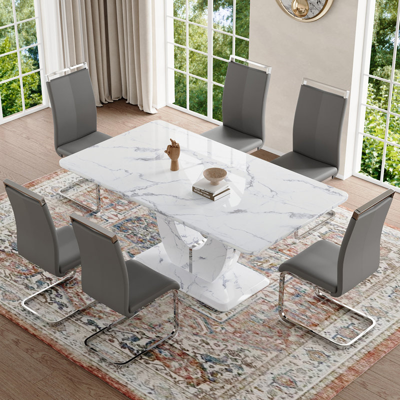 Ensemble de table de salle à manger, Gris / argent, Marbre blanc, 7 pièces