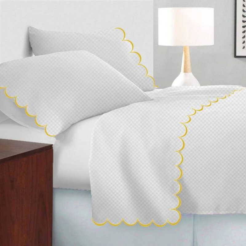Allena 400TC Cotton Scallop Embroidery Sateen Microcheck Cotton 4 Piece Sheet Set Fitted Sheet Fits Upto 16" Deep Pocket