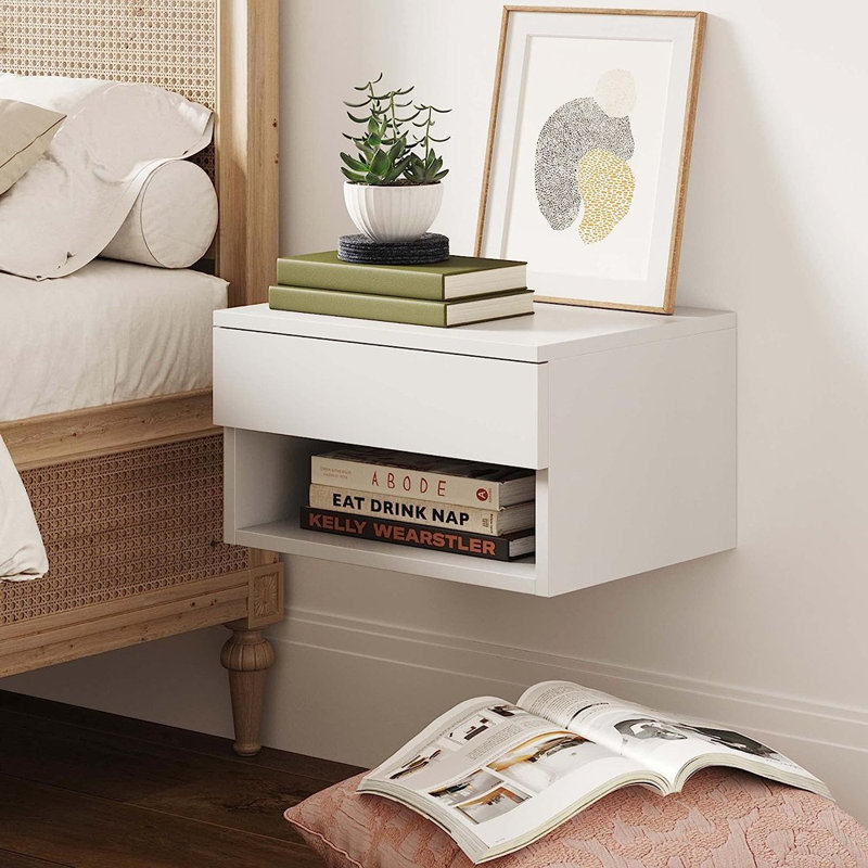  Modern Floating Bedroom Nightstand with Storage Drawer and Open Shelf Cubby, White