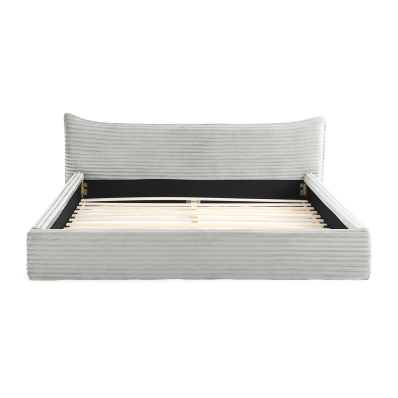 Grand lit, lit plateforme, tête de lit courbée, revêtement en velours, structure en bois massif, sans sommier, beige, conception simple, style de lit de soutien dorsal confortable, assemblage rapide et facile
