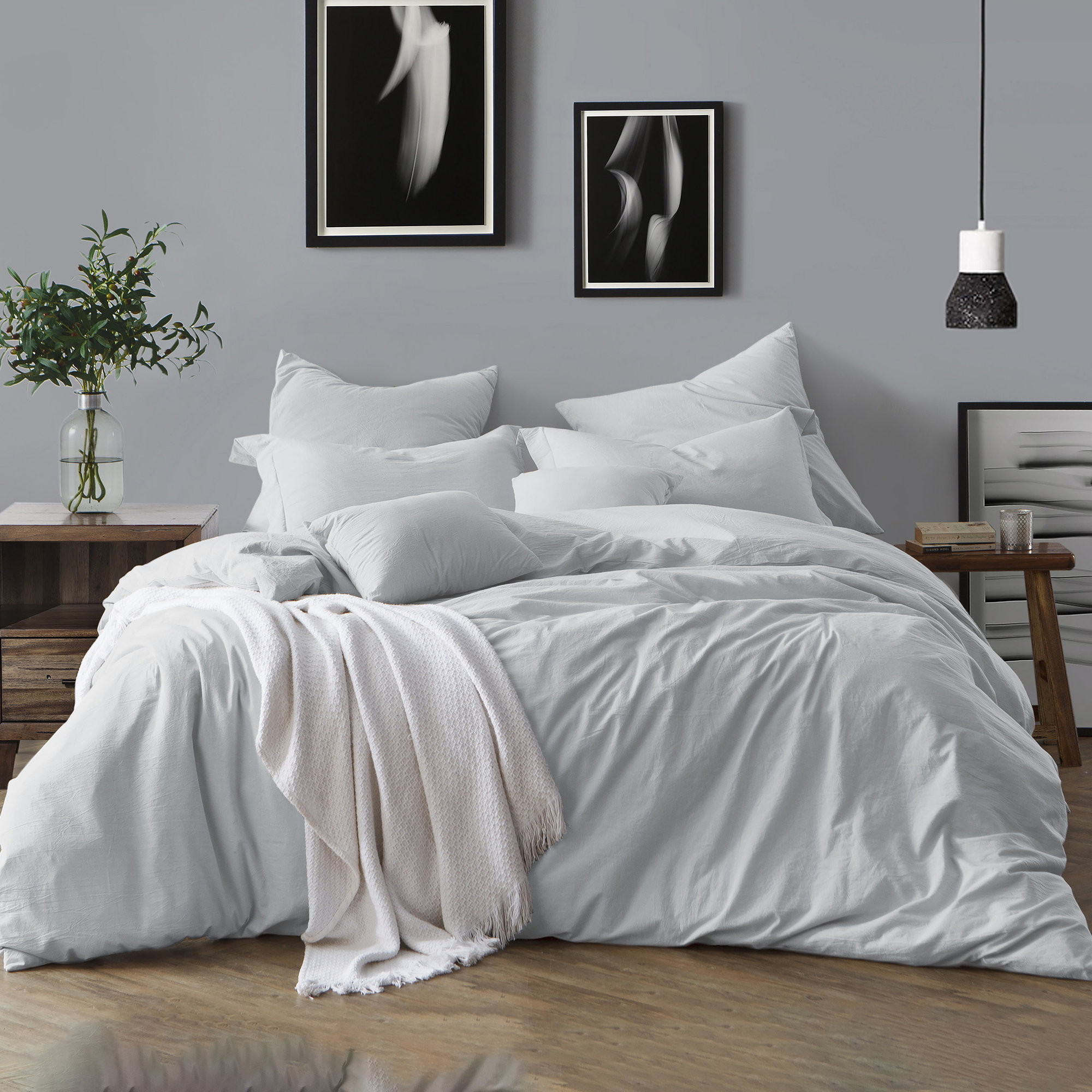 100% Cotton Crinkle Washed Duvet Cover Set, Full/Queen Duvet Cover + 2 Shams, Pale Blue