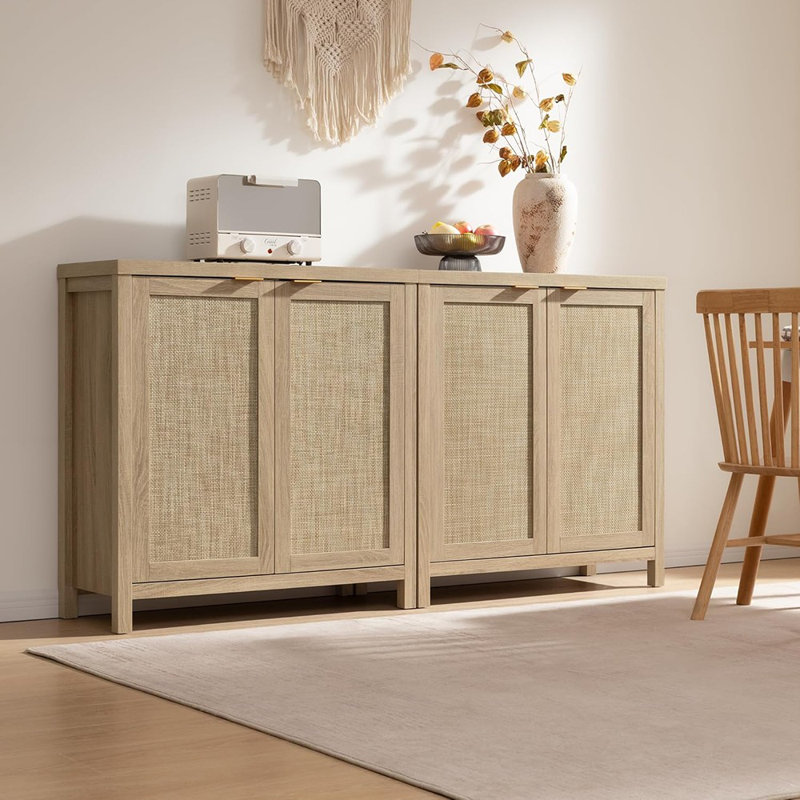 Ensemble d'armoire buffet en rotin 3 pièces, crédence Boho, chêne clair