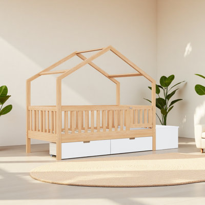 Toddler Bed with Storage Drawers  Lift-Top Chest, Solid Wood Bed with Safety Railings  Gate, Playhouse Bed Frame for Kids, Compatible with standard