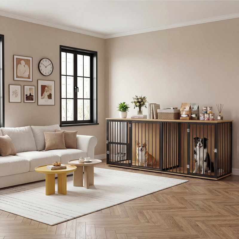 Meuble de cage pour chien pour 2 chiens, meuble pour chenil double avec diviseur, cage de chien d'intérieur en bois de grande race