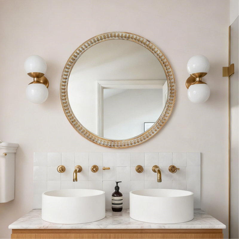 Miroir mural rond rond, miroir à cadre perlé en bois vieilli pour hall d'entrée, salon, salle de bain, miroir décoratif de style maison de campagne