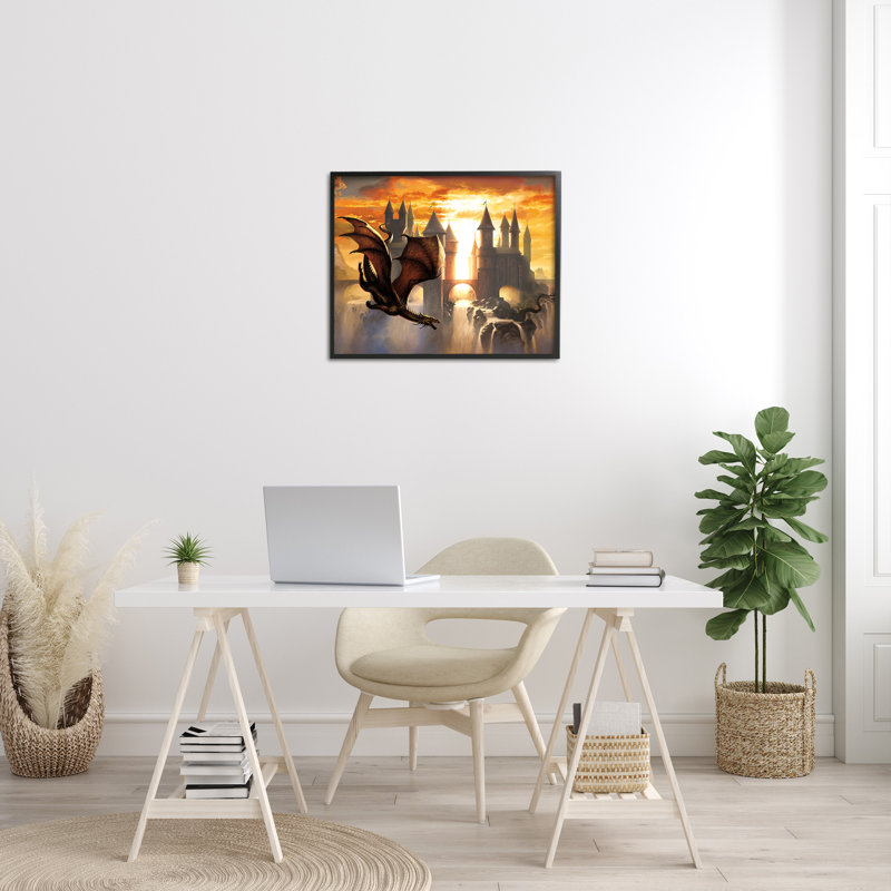 Dragon et château en cascade, estampe numérique par Ciruelo, Giclée encadrée noir minuit, H 24 po x l 30 po