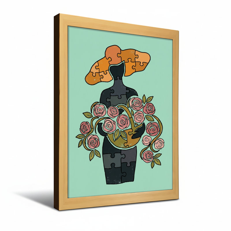 Casse-tête abstrait avec fleurs et chapeau, H 24 po x l 16 po, Toile tendue, Ne s’applique pas