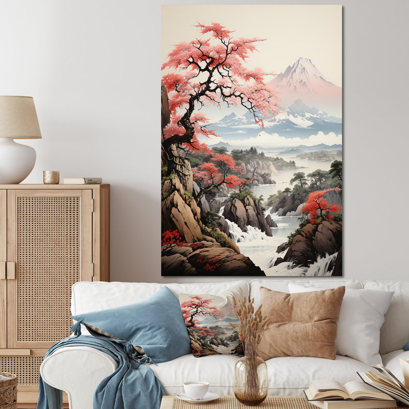 Rose, montagne du Japon, printemps, fleurs de cerisier V - Japon, art mural, Toile tendue, H 32 po x l 16 po