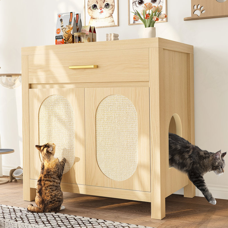 Wooden Accent Cabinet, Cat Litter Box Enclosure, Hidden Cat Litter Box Furniture With Scratching Board Doors And Storage Drawer