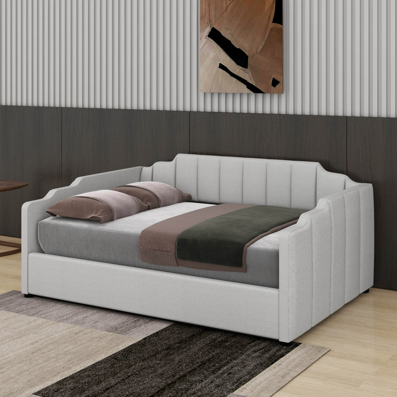 Lit de jour double rembourré avec rangement inférieur, Beige