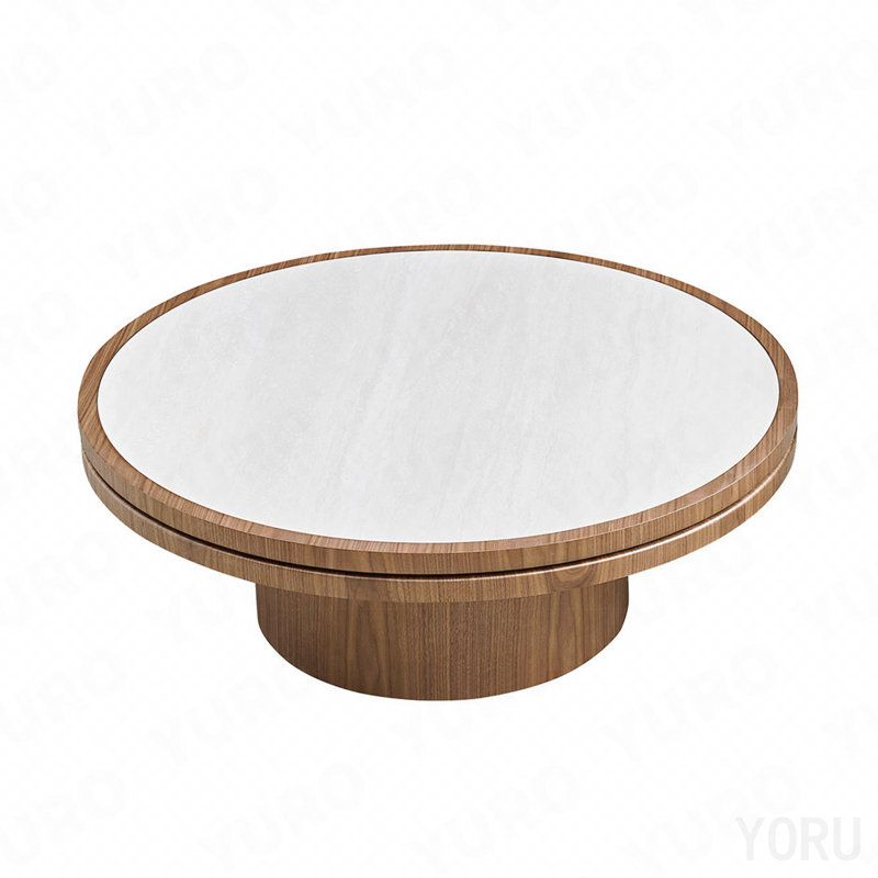 Table basse 35,43 po - Plateau en pierre frittée, piédestal robuste en bois aggloméré - Moderne, Blanc/noyer
