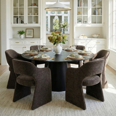 6 - Person Dining Table Sets With Round Table & 6 Upholstered Chenille Chairs