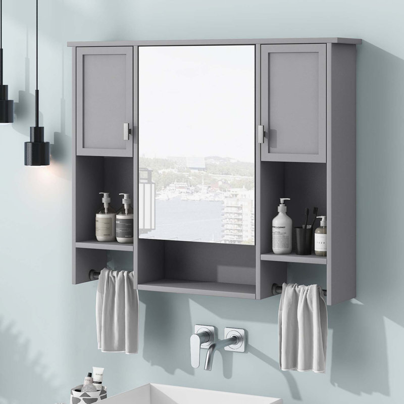 Armoire de rangement murale pour salle de bain 35 po x 28 po, armoire à pharmacie avec barre à serviettes, gris, Gris