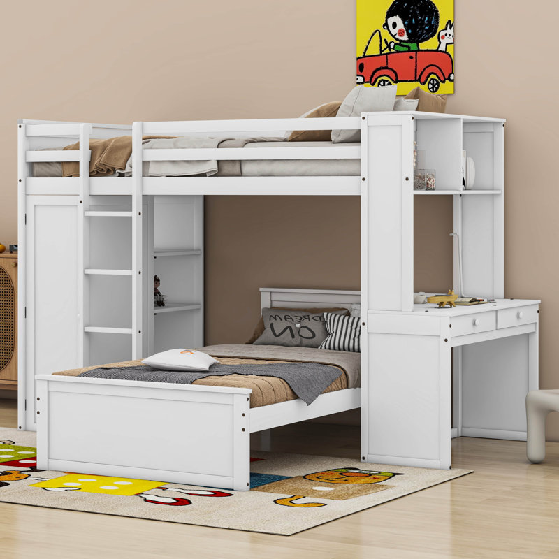 Lit mezzanine simple avec lit autonome, tablettes, bureau et garde-robe, Blanc