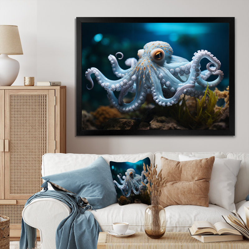 Blue Octopus Serene submersion - impression, Cadre simple noir, H 30 po x l 40 po x P 1,5 po