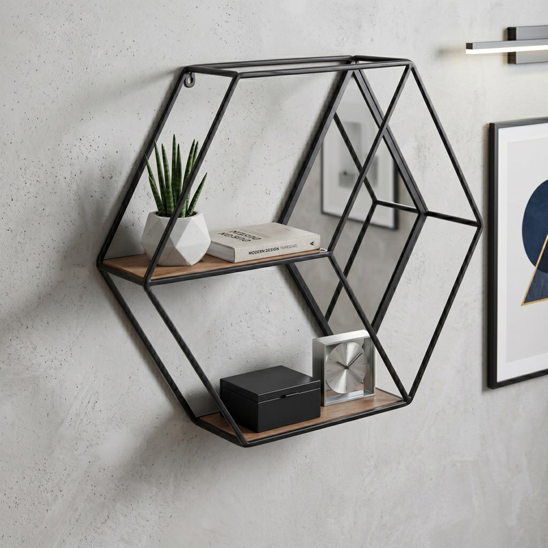 Rangement mural géométrique en métal et en bois avec accents de miroir, tablette flottante hexagonale moderne, organisateur décoratif élégant