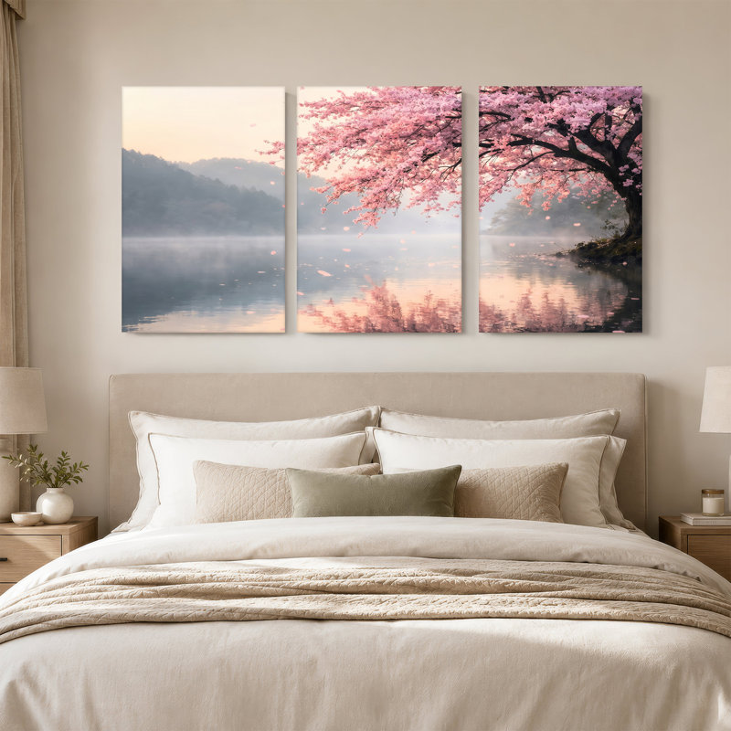 «Pink Cherry Blossom Tree Over Misty Lake and Mountains», ensemble de 3 toiles, H 24 po x l 16 po x 3 pièces