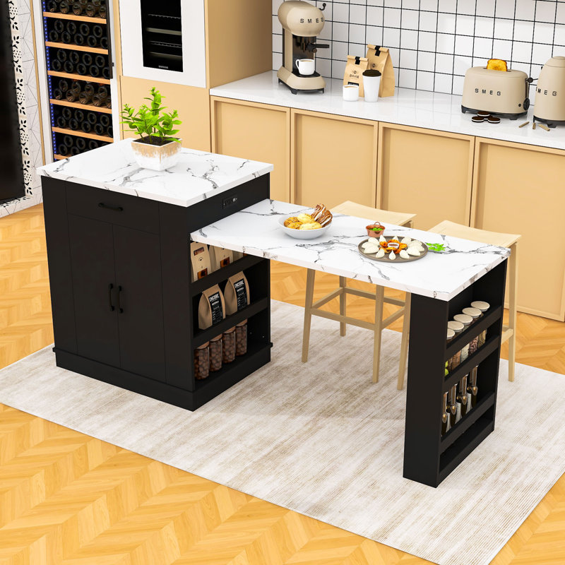 Stylish Kitchen Island with Extendable Countertop, Power Outlets, Ample Storage and Open Shelving, Black