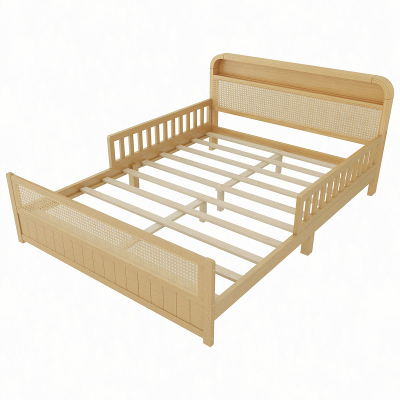 Structure de lit en rotin avec lumières DEL et tête de lit avec rangement, lit plateforme avec barrières de sécurité, Natural