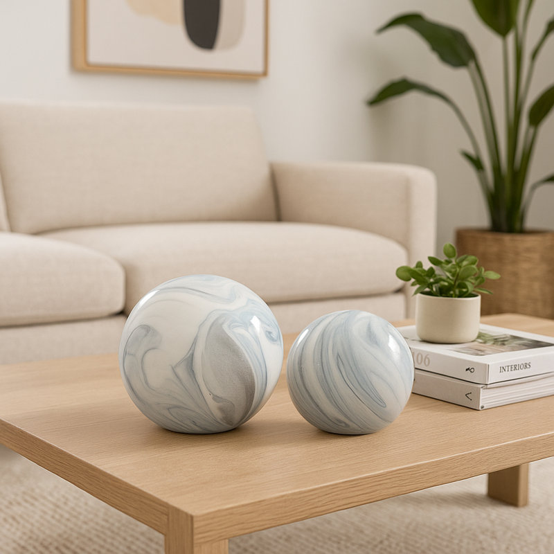 Decorative Objects for Home Decor – Modern Glass Orbs and Sculpture Statues for Shelf Styling, Kitchen Decor Accents, or Decorations for Living Room and Office Display – Set of 2