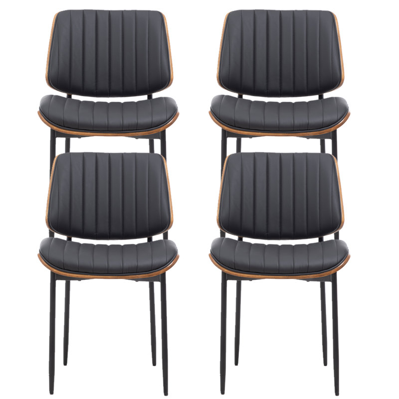 Faux Leather Dining Chair with Walnut Bentwood Back & Seat Base – Breathable Chair with Metal Legs, Black