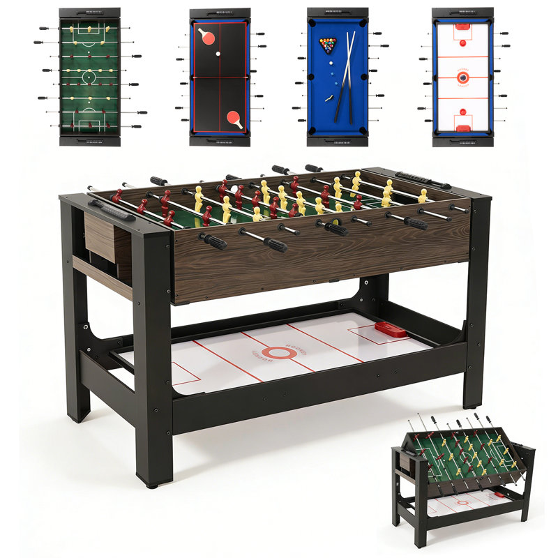 Table combinée pivotante multi-jeux 4-en-1 - Babyfoot, billard, air hockey et tennis de table, conception compacte et peu encombrante avec tablette de rangement intégrée