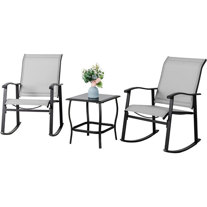3 Piece Rocking Bistro Set with Rocker Chairs and Glass Coffee Table Set of 3, Rectangular Porch Furniture for Small Space,