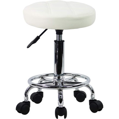 White Round Rolling Stool Chair – PU Leather, Height Adjustable, Swivel, With Wheels, Small Stool For Office/SPA/Medical/Salon/Drafting Work by qishengfa