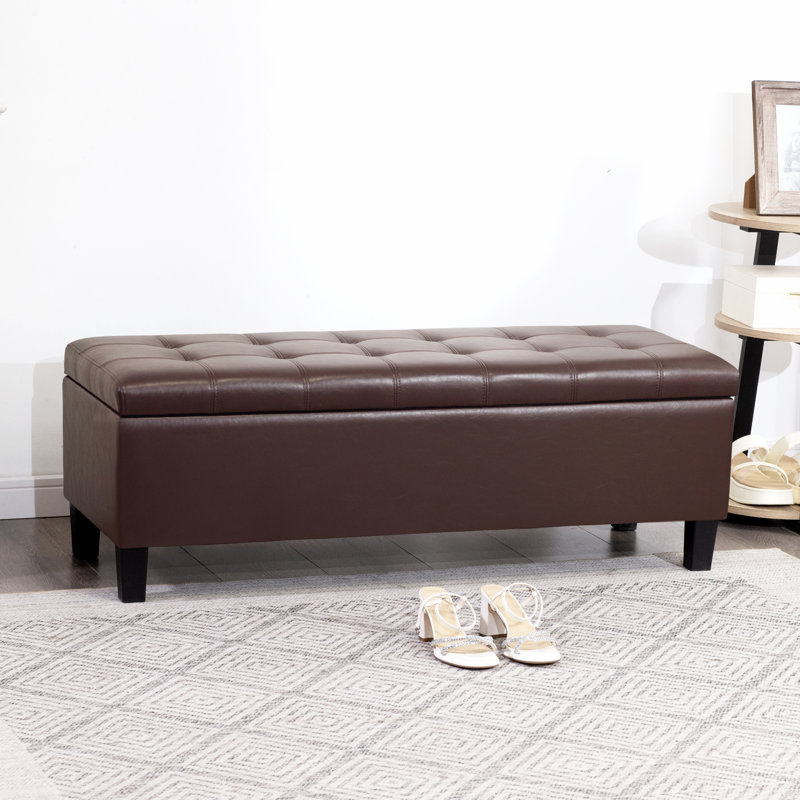 45" Tufted Faux Leather Storage Bench Ottoman For Living Room, Brown