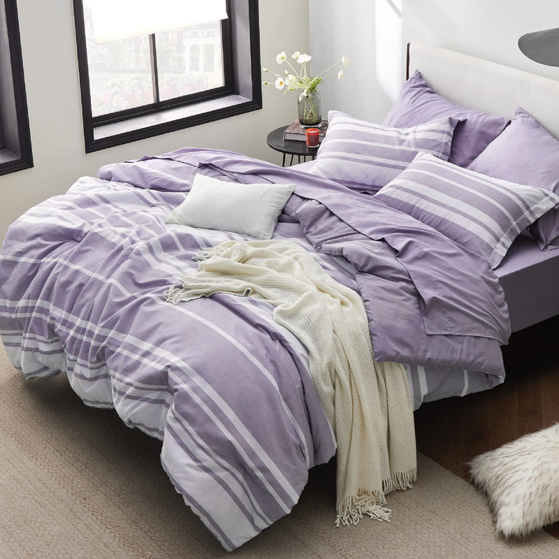 Bedsure Striped All Season Comforter Set, Queen Comforter + 6 Additional Pieces, Purple