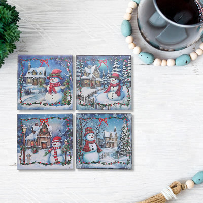 Square Ceramic Trivet Snowman - Set Of 4