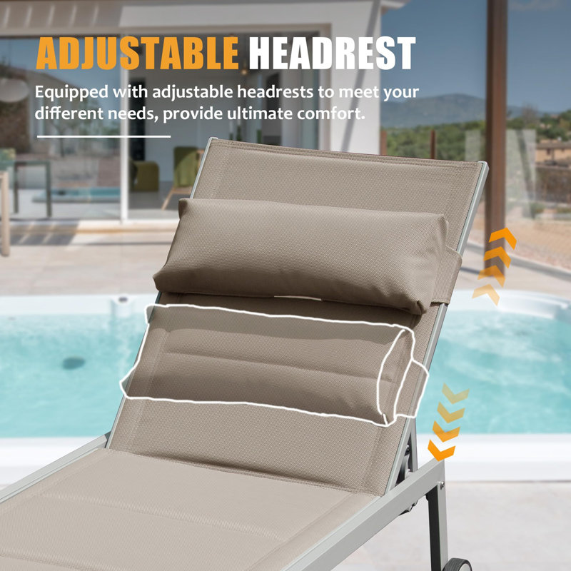 Outdoor Patio Chaise Lounge Set of 3, Aluminum Pool Lounge Chairs with and Wheels, PVC-coated polyester Padded Adjustable Recliner All Weather for Poolside, Beach, Yard, Balcony