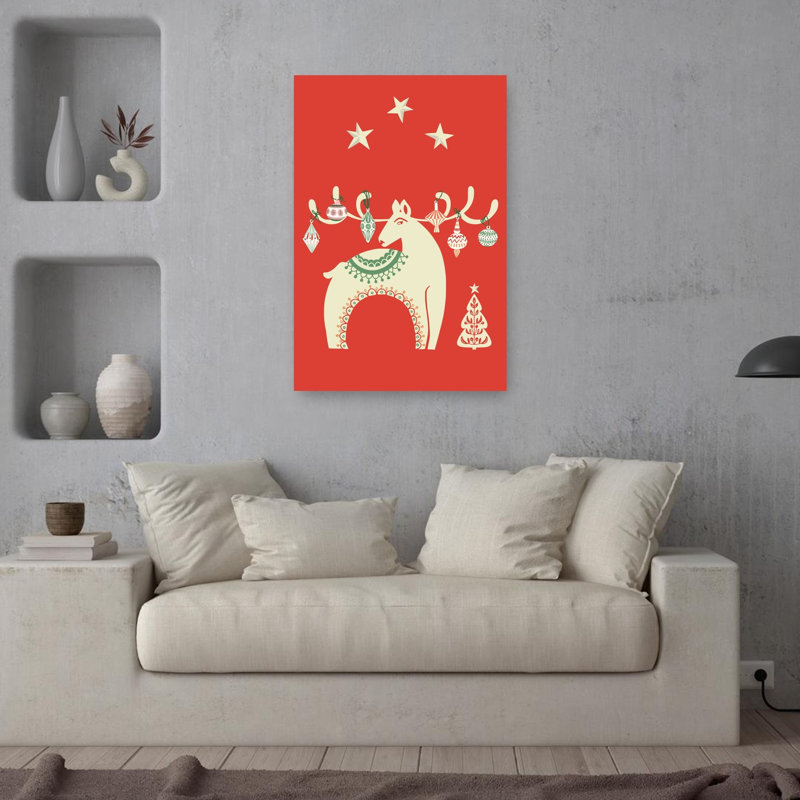 Holiday Reindeer Ornaments Traditional Abstract Christmas Tree Deer Winter Landscape Wall Art Print by Annick - Wrapped Canvas Print